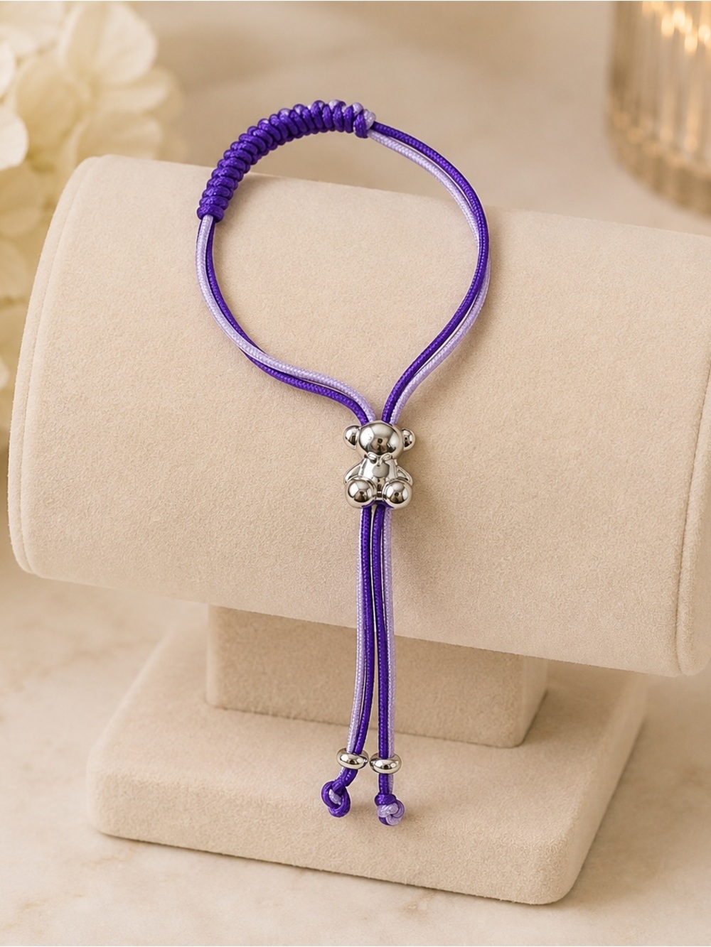Purple Cord Bracelet with Silver Bear Charm 925